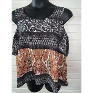 KoKo Ailis Sz PLUS 2X Cold Shoulder S/S Top Orange Black Pink Paisley EUC